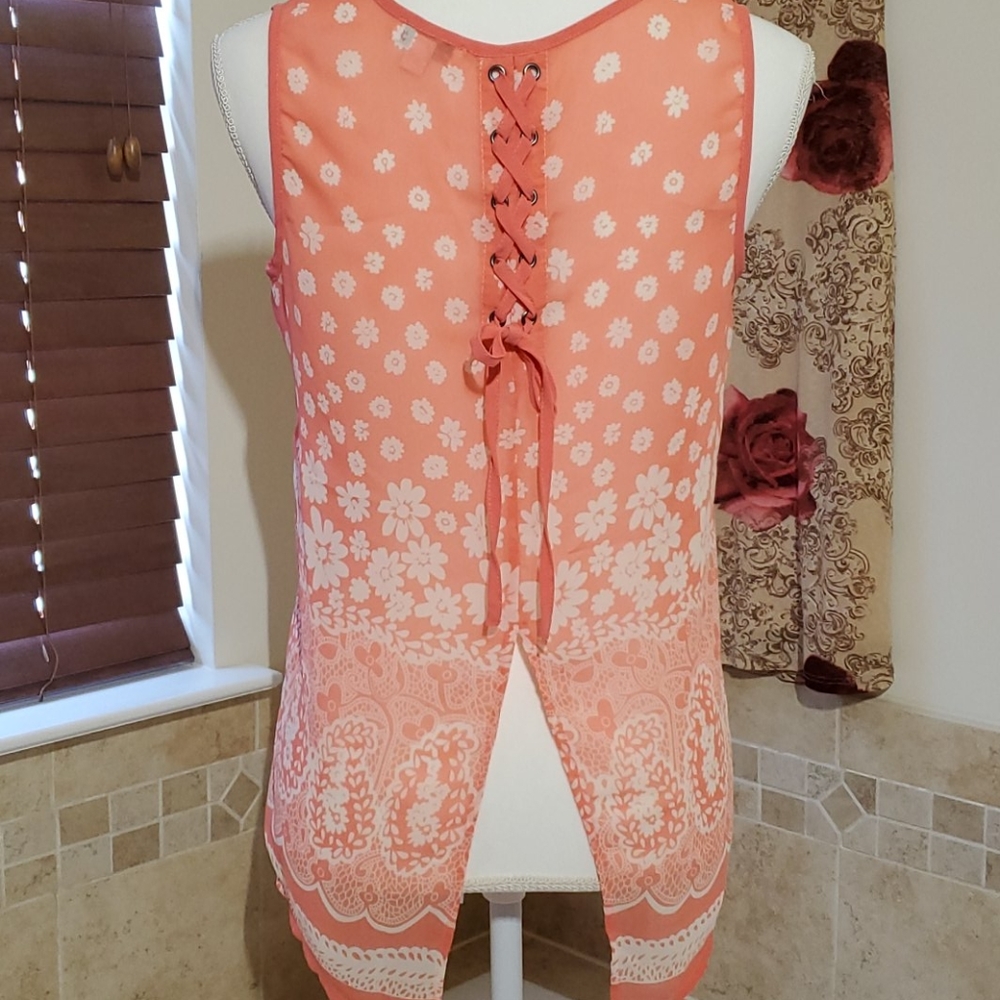 Coral sheer tank top with rear laced down tie